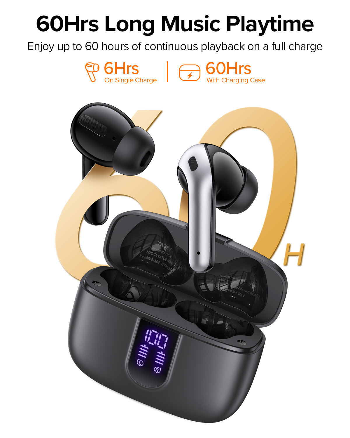 TAGRY Bluetooth Headphones True Wireless Earbuds 60H Playback LED Power Display Earphones with Wireless Charging Case IPX5 Waterproof in-Ear Earbuds with Mic for TV Smart Watch Computer Laptop Sports