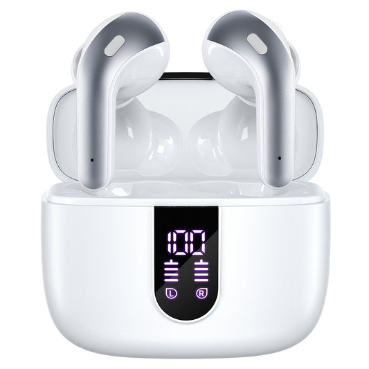 TAGRY Bluetooth Headphones True Wireless Earbuds 60H Playback LED Power Display Earphones with Wireless Charging Case IPX5 Waterproof in-Ear Earbuds with Mic for TV Smart Phone Computer Laptop Sports White