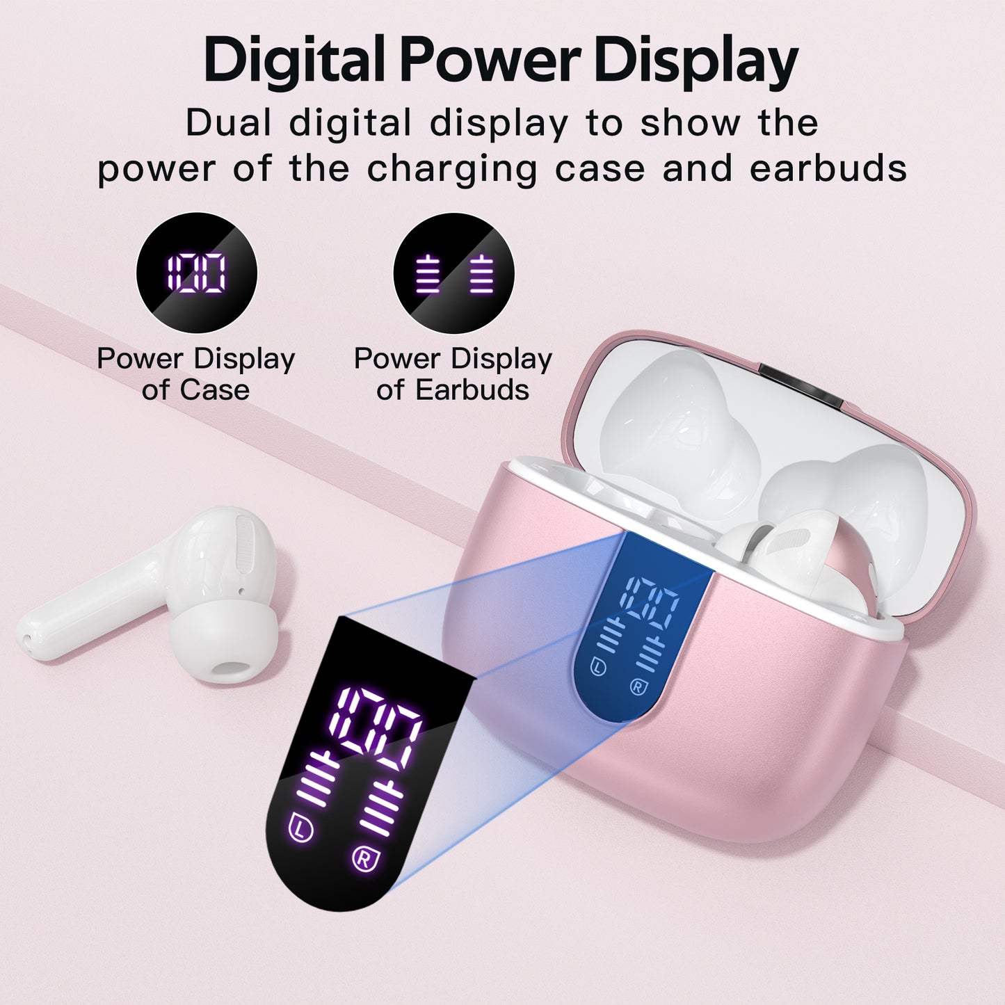 TAGRY Bluetooth Headphones True Wireless Earbuds 60H Playback LED Power Display Earphones with Wireless Charging Case IPX5 Waterproof in-Ear Earbuds with Mic for TV Smart Phone Computer Laptop Sports Pink