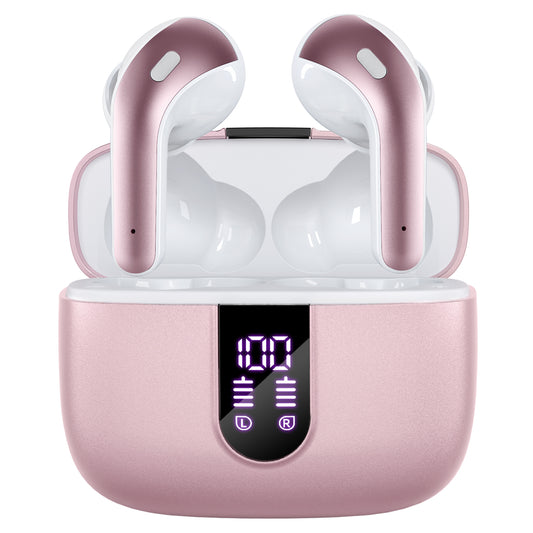 TAGRY Bluetooth Headphones True Wireless Earbuds 60H Playback LED Power Display Earphones with Wireless Charging Case IPX5 Waterproof in-Ear Earbuds with Mic for TV Smart Phone Computer Laptop Sports Pink