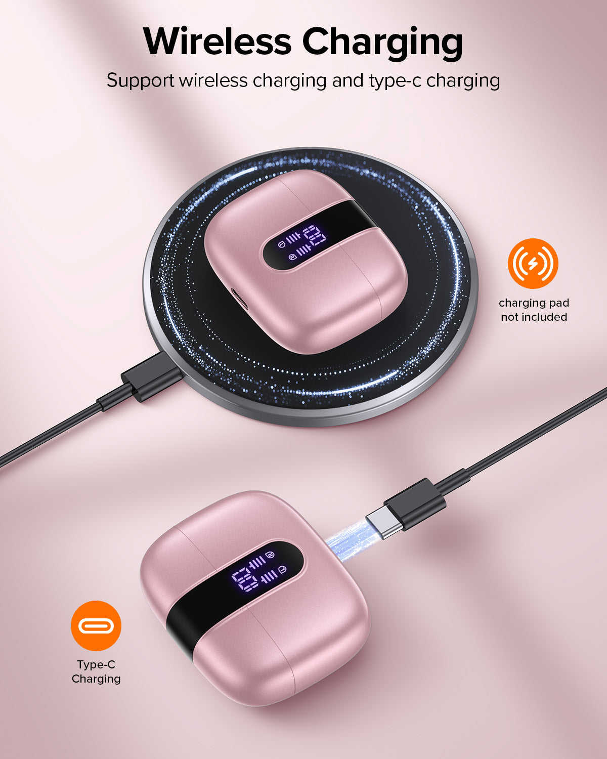 TAGRY Bluetooth Headphones True Wireless Earbuds 60H Playback LED Power Display Earphones with Wireless Charging Case IPX5 Waterproof in-Ear Earbuds with Mic for TV Smart Phone Computer Laptop Sports Pink