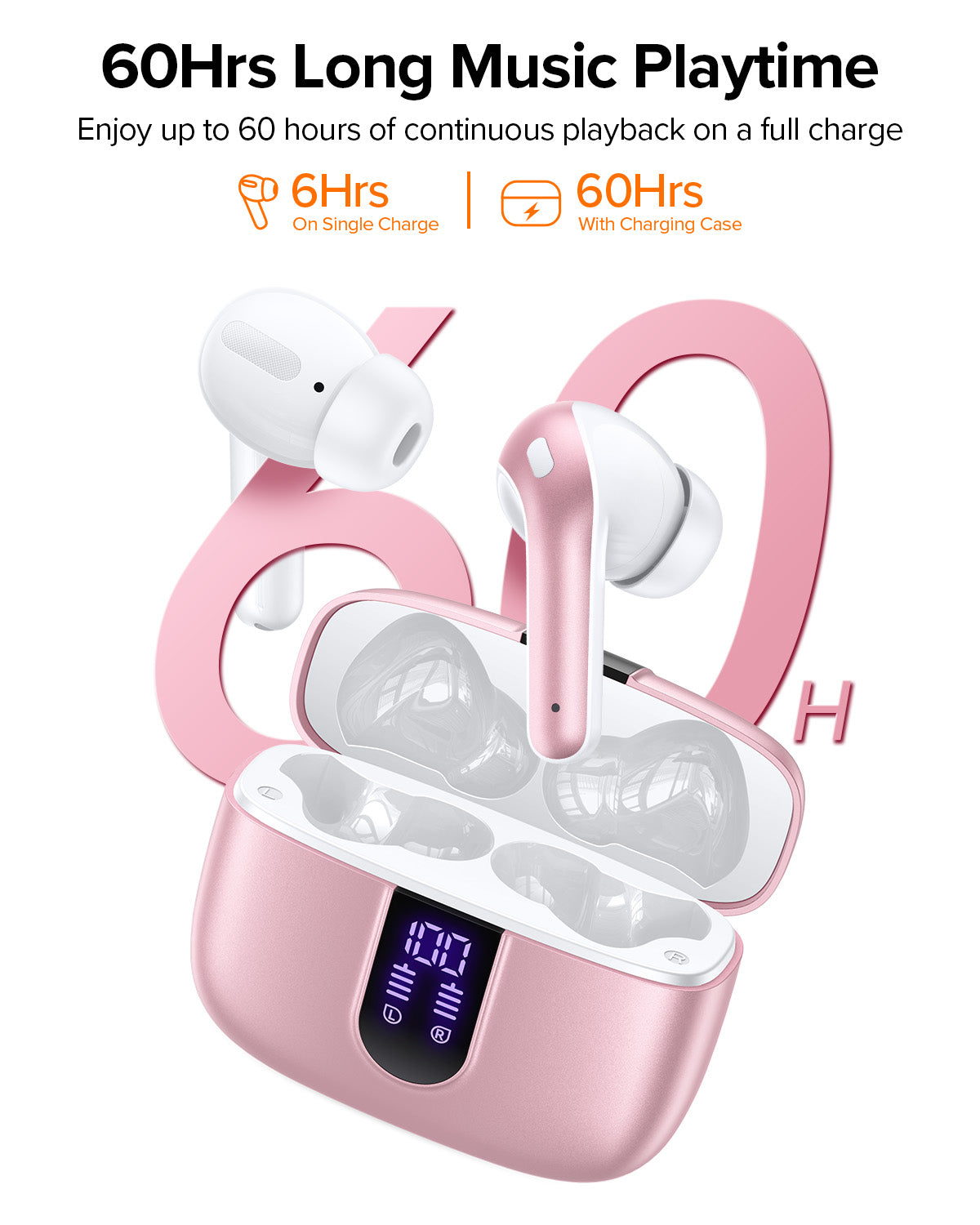 TAGRY Bluetooth Headphones True Wireless Earbuds 60H Playback LED Power Display Earphones with Wireless Charging Case IPX5 Waterproof in-Ear Earbuds with Mic for TV Smart Phone Computer Laptop Sports Pink