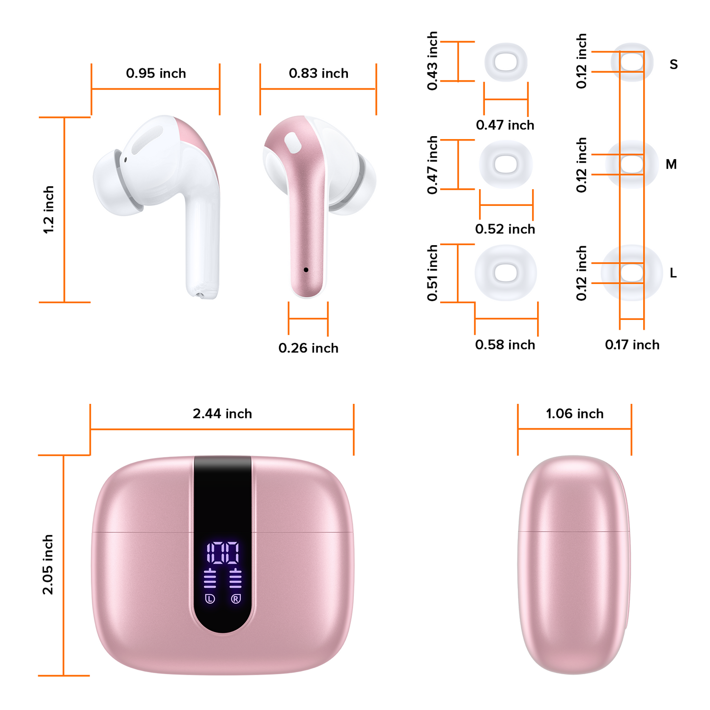 TAGRY Bluetooth Headphones True Wireless Earbuds 60H Playback LED Power Display Earphones with Wireless Charging Case IPX5 Waterproof in-Ear Earbuds with Mic for TV Smart Phone Computer Laptop Sports Pink