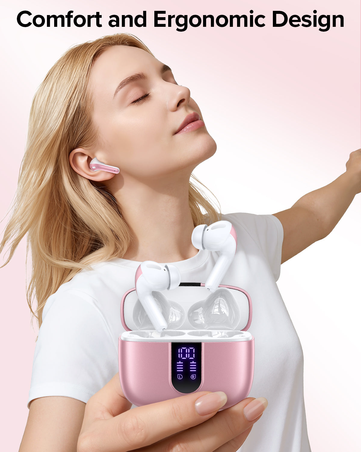 TAGRY Bluetooth Headphones True Wireless Earbuds 60H Playback LED Power Display Earphones with Wireless Charging Case IPX5 Waterproof in-Ear Earbuds with Mic for TV Smart Phone Computer Laptop Sports Pink