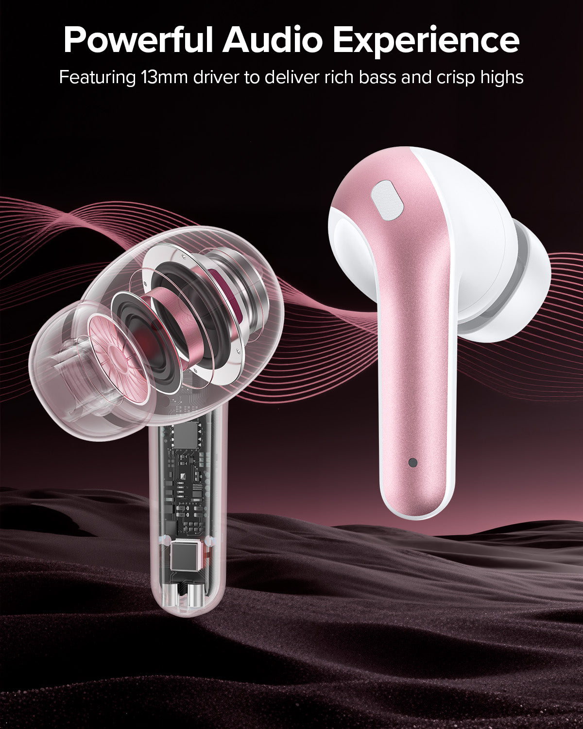 TAGRY Bluetooth Headphones True Wireless Earbuds 60H Playback LED Power Display Earphones with Wireless Charging Case IPX5 Waterproof in-Ear Earbuds with Mic for TV Smart Phone Computer Laptop Sports Pink